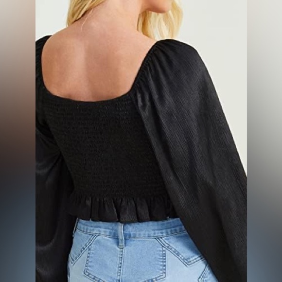 ALTAR’D State Black Sandi Satin Top with Cuffed Sleeves and Open Neckline - Picture 5 of 9